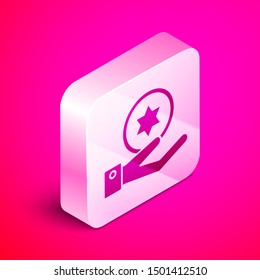 Isometric Jewish coin on hand icon isolated on pink background. Currency symbol. Silver square button. Vector Illustration