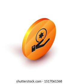 Isometric Jewish coin on hand icon isolated on white background. Currency symbol. Orange circle button. Vector Illustration