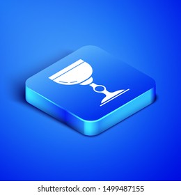 Isometric Jewish goblet icon isolated on blue background. Jewish wine cup for kiddush. Kiddush cup for Shabbat. Blue square button. Vector Illustration