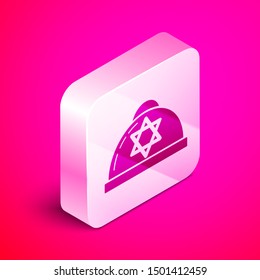 Isometric Jewish kippah with star of david icon isolated on pink background. Jewish yarmulke hat. Silver square button. Vector Illustration