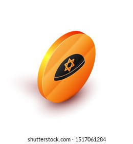 Isometric Jewish kippah with star of david icon isolated on white background. Jewish yarmulke hat. Orange circle button. Vector Illustration