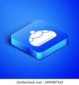 Isometric Jewish sweet bakery icon isolated on blue background. Hanukkah sufganiyot. Jewish easter cake. Blue square button. Vector Illustration