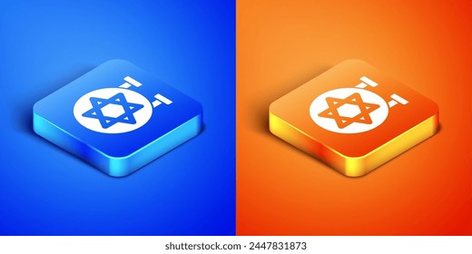 Isometric Jewish synagogue building or jewish temple icon isolated on blue and orange background. Hebrew or judaism construction with David star. Square button. Vector