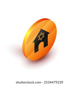 Isometric Jewish synagogue building or jewish temple icon isolated on white background. Hebrew or judaism construction with David star. Orange circle button. Vector