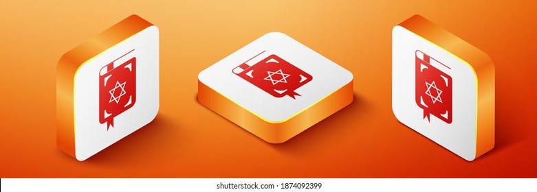 Isometric Jewish torah book icon isolated on orange background. Book of the Pentateuch of Moses. On the cover of the Bible is the image of the Star of David. Orange square button. Vector.