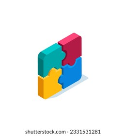 isometric jigsaw puzzle icon in color on white background, teamwork or stacked jigsaw puzzle