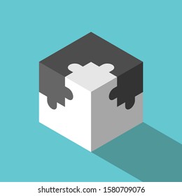 Isometric jigsaw puzzle pieces cube assembled. Two opposite halves. Communication, teamwork, solution, merging, relationship and partnership concept. Vector illustration, no transparency, no gradients