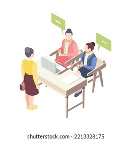 Isometric Job Interview With Characters Of Recruiters And Female Applicant 3d Vector Illustration