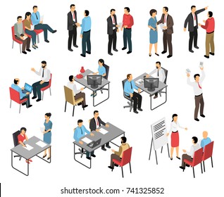 Isometric Job Interview Recruiting Agency Set Of Human Characters In Different Job Talk Situations With Furniture Vector Illustration