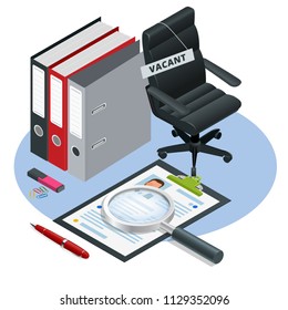 Isometric Job recruiting advertisement, Job opportunity. Office chair and a sign vacant. Hiring and recruitment. Business leadership. Recruitment concept.