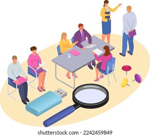 Isometric job recruitment concept, vector illustration. Man woman people character make interview with employee. Hr team work for cartoon company