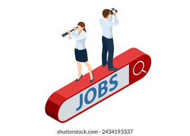 Isometric job search, CV, hiring and recruitment. Job interview, recruitment agency Personal Data Information App, Identity Private. Digital Data Secure Banner.
