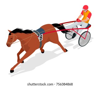 Isometric Jockey and horse. Racing horse competing. Race in harness with a sulky or racing bike. Vector illustration.