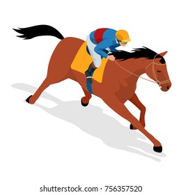 Isometric Jockey on horse, champion, horse riding. Equestrian sport. Jockey riding jumping horse. Poster. Sport background. Vector Illustration.