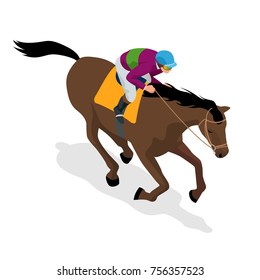 Isometric Jockey on horse, champion, horse riding. Equestrian sport. Jockey riding jumping horse. Poster. Sport background. Vector Illustration.