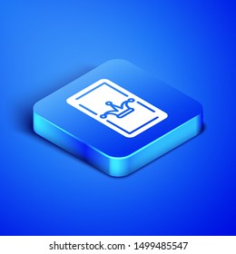 Isometric Joker playing card icon isolated on blue background. Casino gambling. Blue square button. Vector Illustration