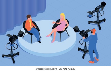 Isometric journalist composition with interview reporter and guest in studio vector illustration