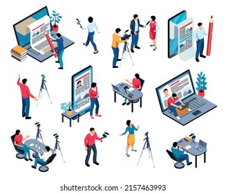 Isometric journalist icons set with copywriter and blogger workplaces isolated vector illustration