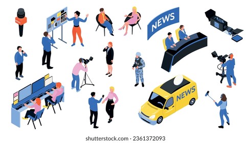 Isometric journalist set of isolated icons with human characters of camera crew members and newsroom equipment vector illustration