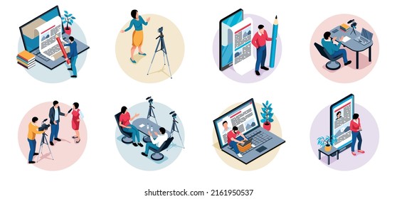 Isometric journalist work composition set with copywriter and blogger life scenes isolated vector illustration