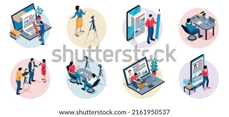 Isometric journalist work composition set with copywriter and blogger life scenes isolated vector illustration