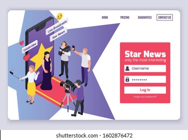 Isometric journalistis reporters news media composition or landing page with login password places and links vector illustration