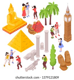 Isometric journey travel attractions set with isolated images of tourists and famous sightseeing places of interest vector illustration