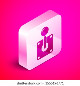 Isometric Joystick for arcade machine icon isolated on pink background. Joystick gamepad. Silver square button. Vector Illustration