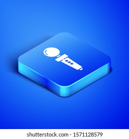 Isometric Joystick for arcade machine icon isolated on blue background. Joystick gamepad. Blue square button. Vector Illustration