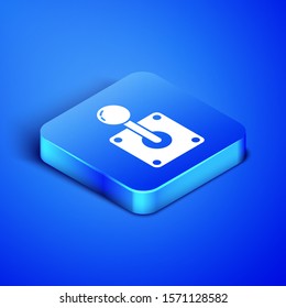 Isometric Joystick for arcade machine icon isolated on blue background. Joystick gamepad. Blue square button. Vector Illustration