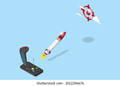 isometric joystick control rocket flying to red target, startup and business concept