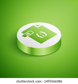 Isometric JS file document. Download js button icon isolated on green background. JS file symbol. White circle button. Vector Illustration
