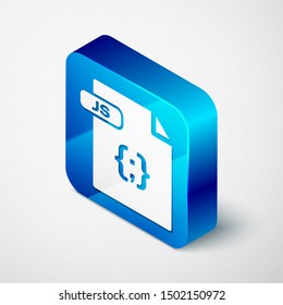 Isometric JS file document. Download js button icon isolated on white background. JS file symbol. Blue square button. Vector Illustration