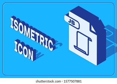Isometric JS file document. Download js button icon isolated on blue background. JS file symbol.  Vector Illustration