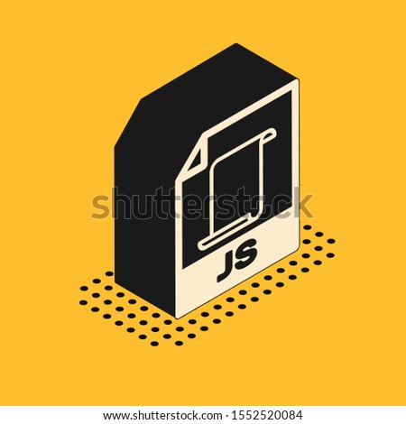 Isometric JS file document. Download js button icon isolated on yellow background. JS file symbol.  Vector Illustration