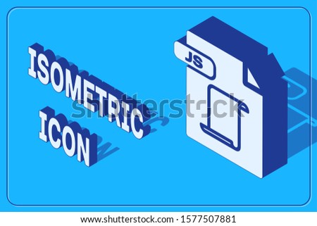 Isometric JS file document. Download js button icon isolated on blue background. JS file symbol.  Vector Illustration
