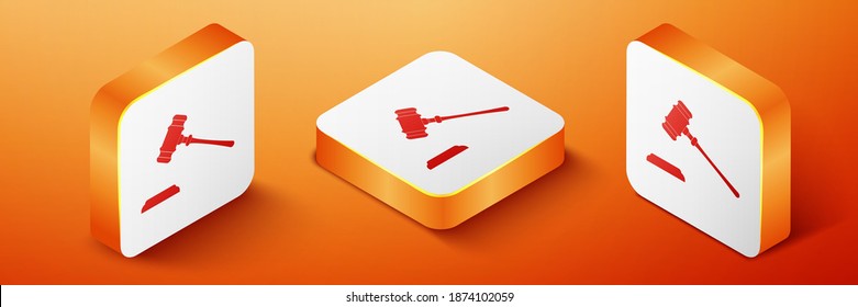 Isometric Judge gavel icon isolated on orange background. Gavel for adjudication of sentences and bills, court, justice, with a stand. Auction hammer. Orange square button. Vector.