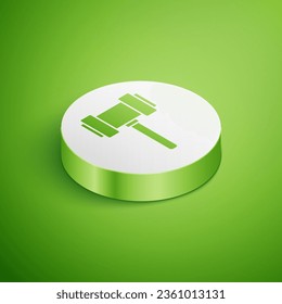 Isometric Judge gavel icon isolated on green background. Gavel for adjudication of sentences and bills, court, justice. Auction hammer. White circle button. Vector