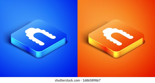 Isometric Judge wig icon isolated on blue and orange background. Medieval style antique. Square button. Vector Illustration
