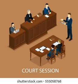 Isometric judicial session concept with judge at trial table and lawyers vector illustration