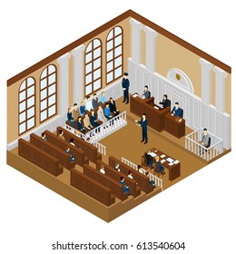 Isometric judicial system concept with judge lawyer suspect witnesses jury trial police officer on court session vector illustration