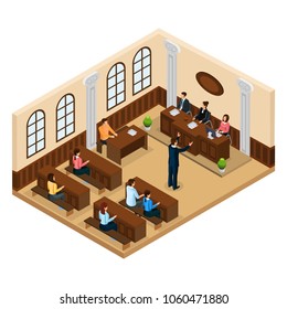 Isometric judicial system concept with lawyer defending his client in courtroom isolated vector illustration
