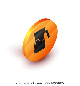 Isometric Jug glass with water icon isolated on white background. Kettle for water. Glass decanter with drinking water. Orange circle button. Vector