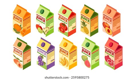 Isometric Juice carton collection. Assorted fruit and vegetable juice in packages. Cardboard box with sweet fresh drink. Vector illustration isolated on white background.