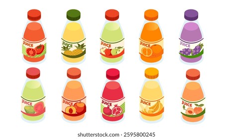 Isometric Juice collection. Assorted fruit and vegetable juice in small bottles. Glass or plastic bottles with label. Vector illustration isolated on white background.