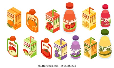 Isometric Juice collection in boxes and bottles. Assorted fruit and vegetable juice in various packages. Cardboard carton box with sweet fresh drink. Vector illustration isolated on white background.