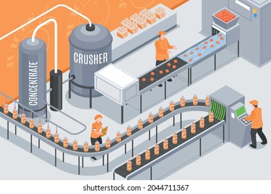 Composición de producción de jugo isométrico con visión interior del departamento de planta con trabajadores de línea transportadora y ilustración de vector de botellas