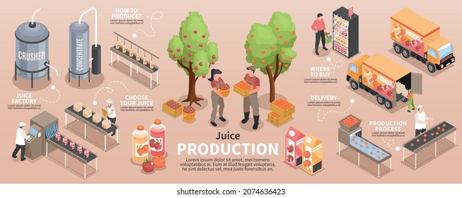 infografías de producción de jugo isométrico con subtítulos de texto editables e imágenes aisladas de instalaciones vegetales e ilustración de vectores de transporte