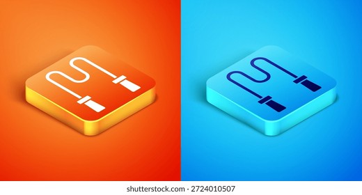 Icono isométrico de la cuerda del salto aislado en el fondo anaranjado y azul. Saltar la cuerda. Equipamiento deportivo.  Vector