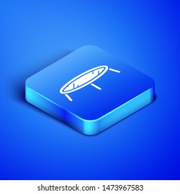 Isometric Jumping trampoline icon isolated on blue background. Blue square button. Vector Illustration
